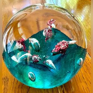 Art Glass Paperweight Ocean Blue Bottom with Pink Accents